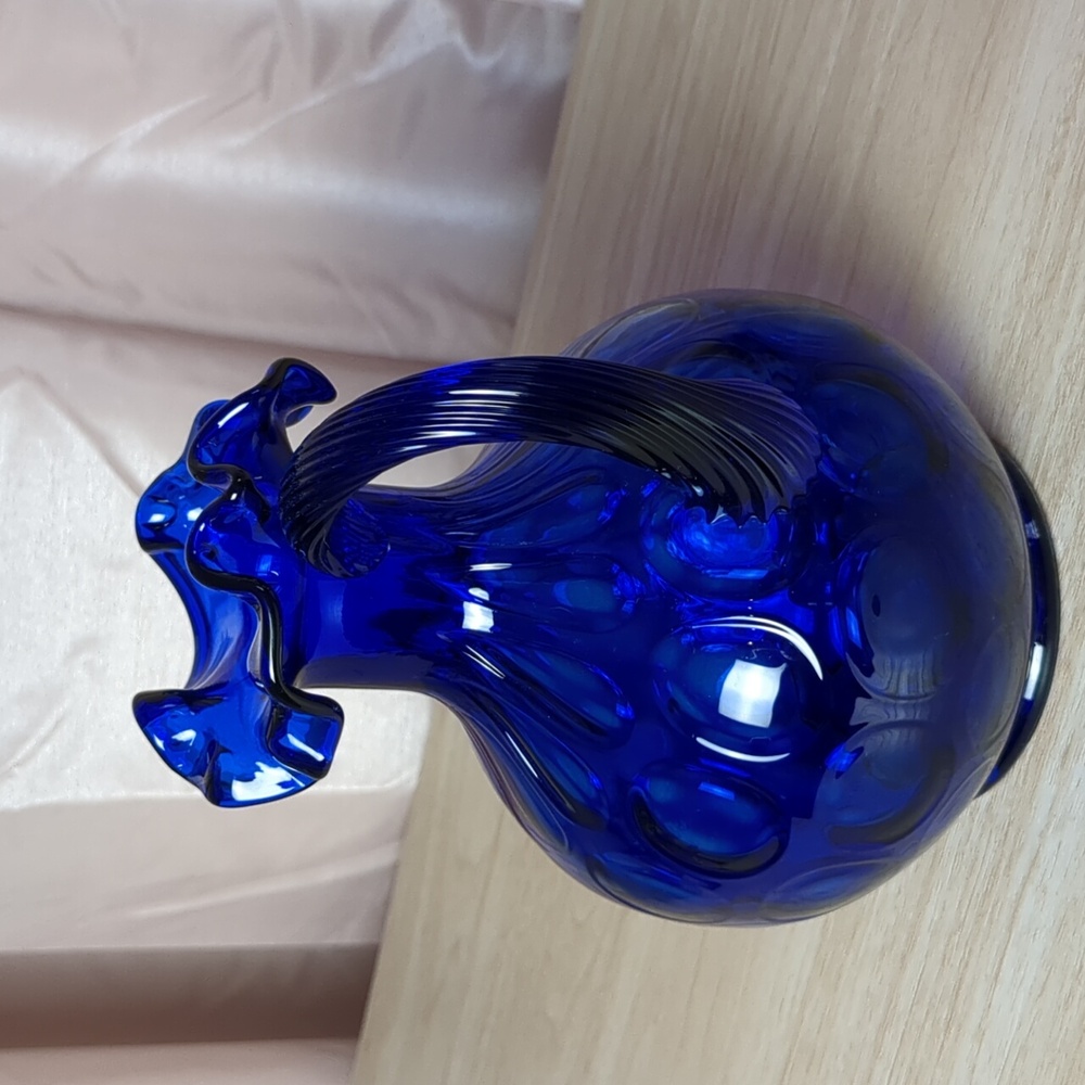 Fenton Cobalt Blue Dot Pitcher with Raised Swirl Handle - Picture 3 of 13